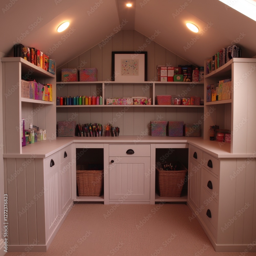 Fototapeta premium Bright attic craft room with storage shelves for home projects, kids activities, and hobbies