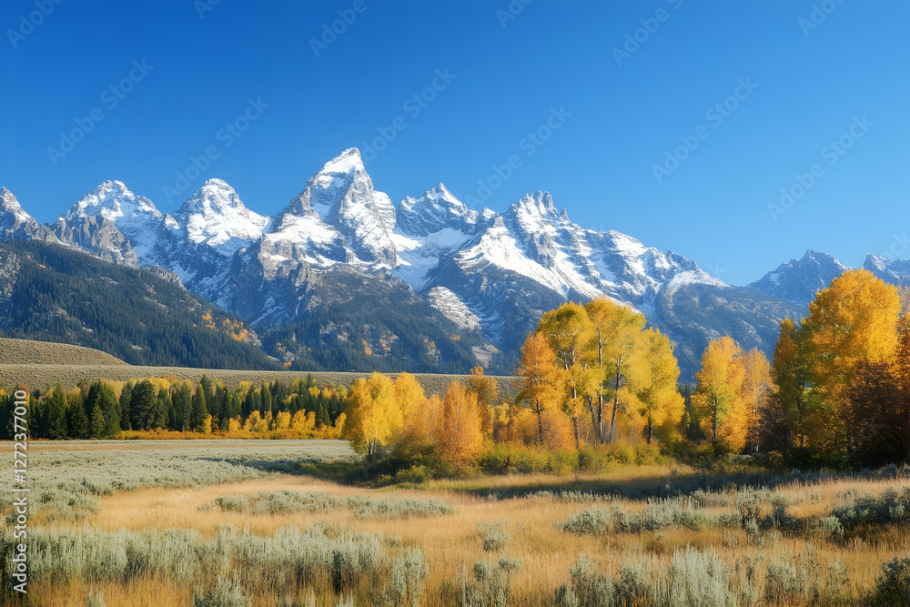 Towering Snowy Peaks and Rolling Autumn Hills Framed Under a Clear Blue Sky Towering Snowy Peaks and Rolling Autumn Hills Framed Under a Clear Blue Sky
