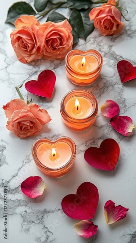 Candles and roses with hearts for a romantic celebration on a marble background. Possible use greeting card