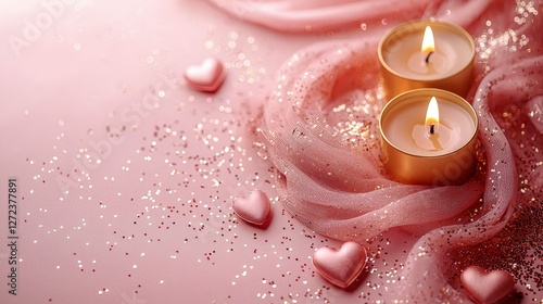 Candles and hearts on pink for romance, Valentine's Day or love celebration concept