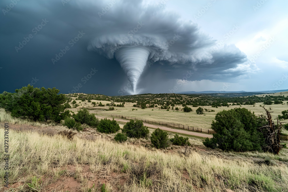 Fototapeta premium Twisting tornado moving across an isolated landscape beneath dark storm clouds