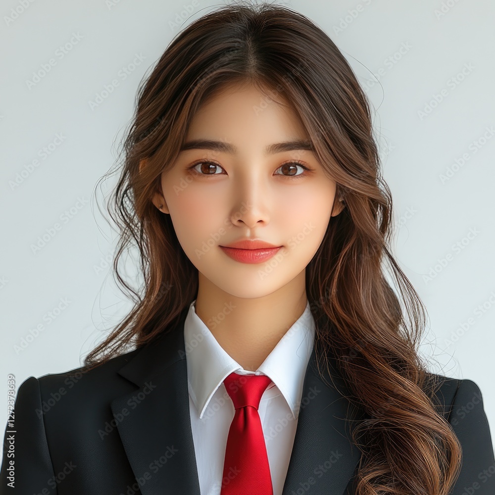 Studio portrait of a young woman with a professional business attire. Light neutral background, soft lighting, and a neutral expression. The woman has long brown hair, light makeup, and wears a Studio portrait of a young woman with a professional business attire. Light neutral background, soft lighting, and a neutral expression. The woman has long brown hair, light makeup, and wears a