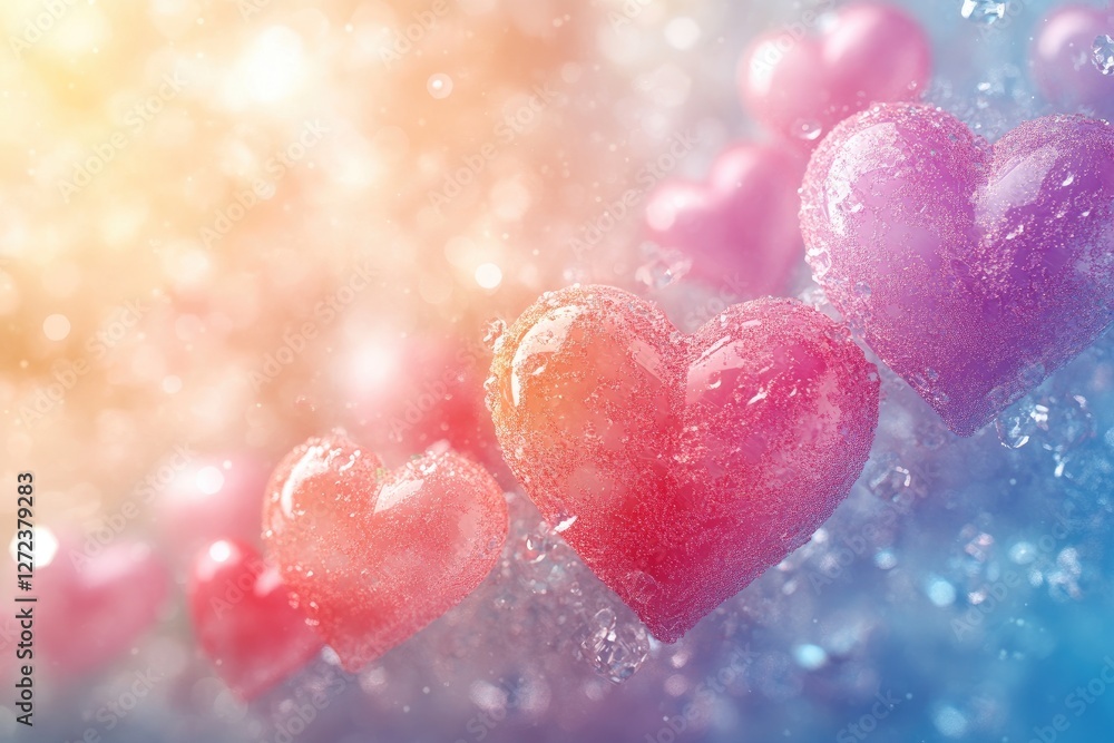 Obraz premium Abstract design, pastel colored hearts in various shades of pink, purple, and red, with glitter effect, floating in soft focus bokeh background with bright lighting. Floating hearts are textured