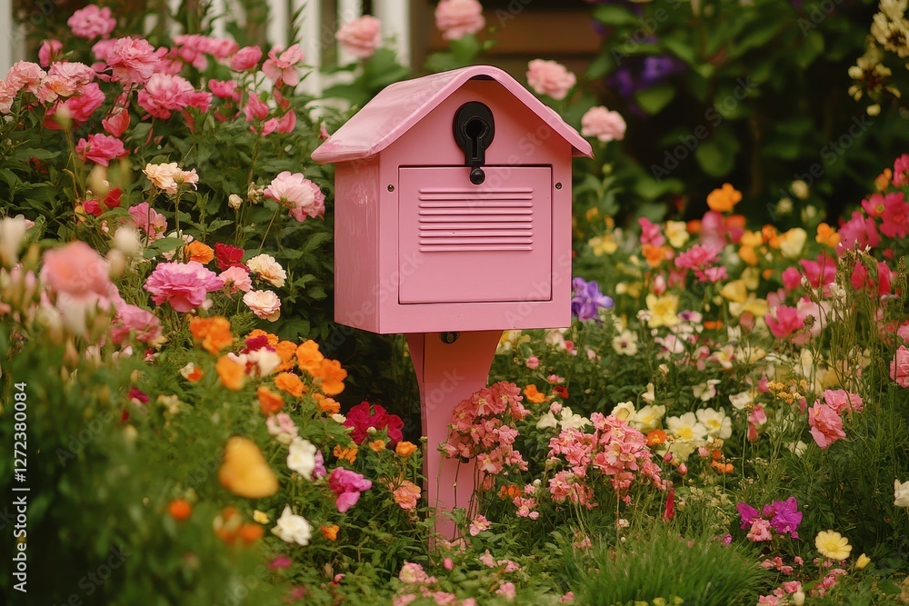 Pink mailbox in vibrant flower garden. Perfect for springtime, romance, or whimsical themes. Pink mailbox in vibrant flower garden. Perfect for springtime, romance, or whimsical themes.