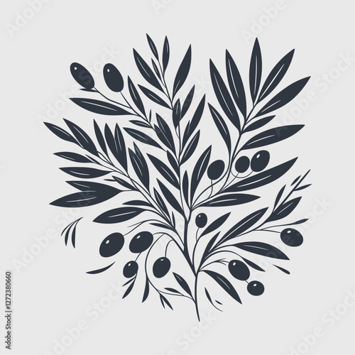 Flat vector olive branch with olives. Hand drawn olive tree branch. Mediterranean food, aroma oil. Greek plant illustration isolated from background.