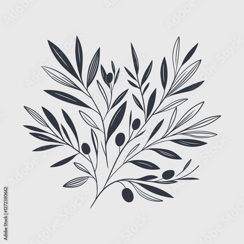 Flat vector olive branch with olives. Hand drawn olive tree branch. Mediterranean food, aroma organic oil. Greek plant linear illustration isolated from background.