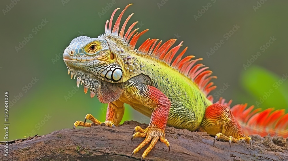 Fototapeta premium Vibrant red, yellow, and green iguana lizard perched on a log.