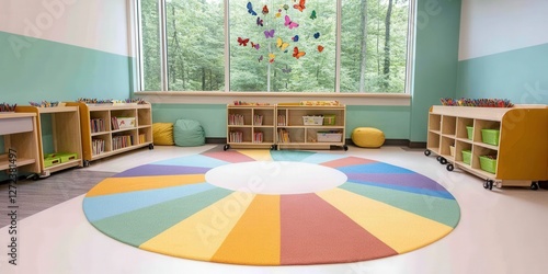 Colorful classroom ready for learning. Serene wooded view outside window