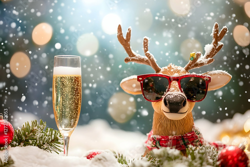 Whimsical holiday scene with a reindeer wearing sunglasses and a glass of champagne