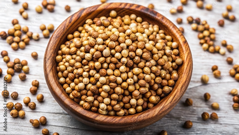 Macro Photo of Coriander Seeds in Bowl, Top View, White Background Macro Photo of Coriander Seeds in Bowl, Top View, White Background