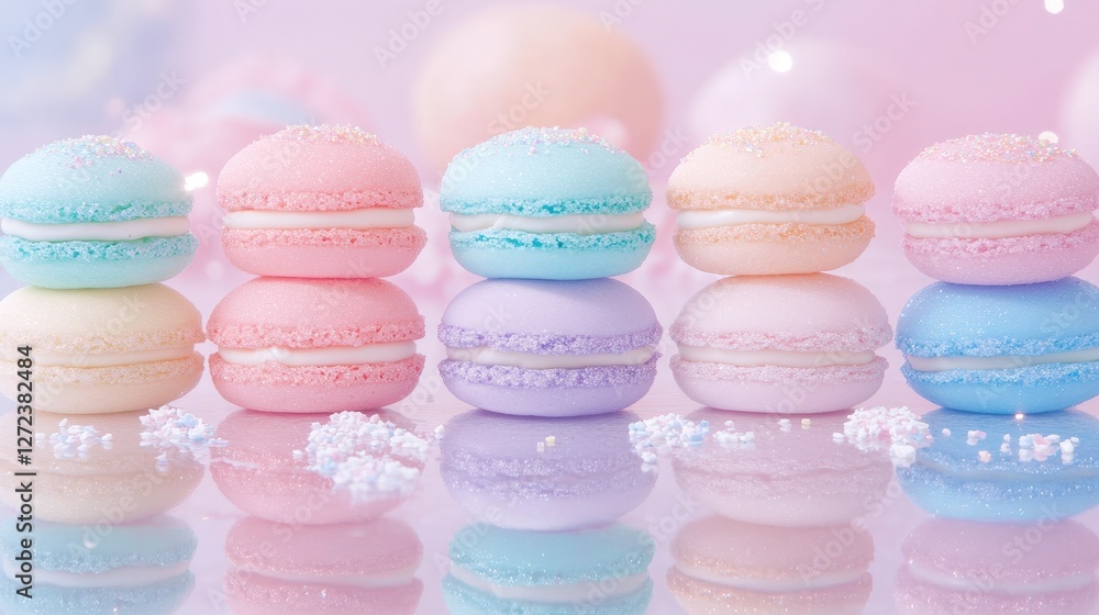 Colorful macarons stacked on a glossy surface with a soft, dreamy, pastel background for a sweet treat Colorful macarons stacked on a glossy surface with a soft, dreamy, pastel background for a sweet treat
