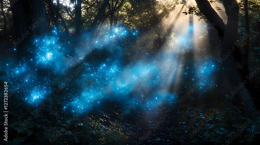 Fototapeta premium Enchanted forest glade bioluminescent flora gossamer fog tendrils otherworldly dappled sunlight ethereal nature spirits. ethereal fog & mist. illustration. Bioluminescent Forest Spirits. Illustration