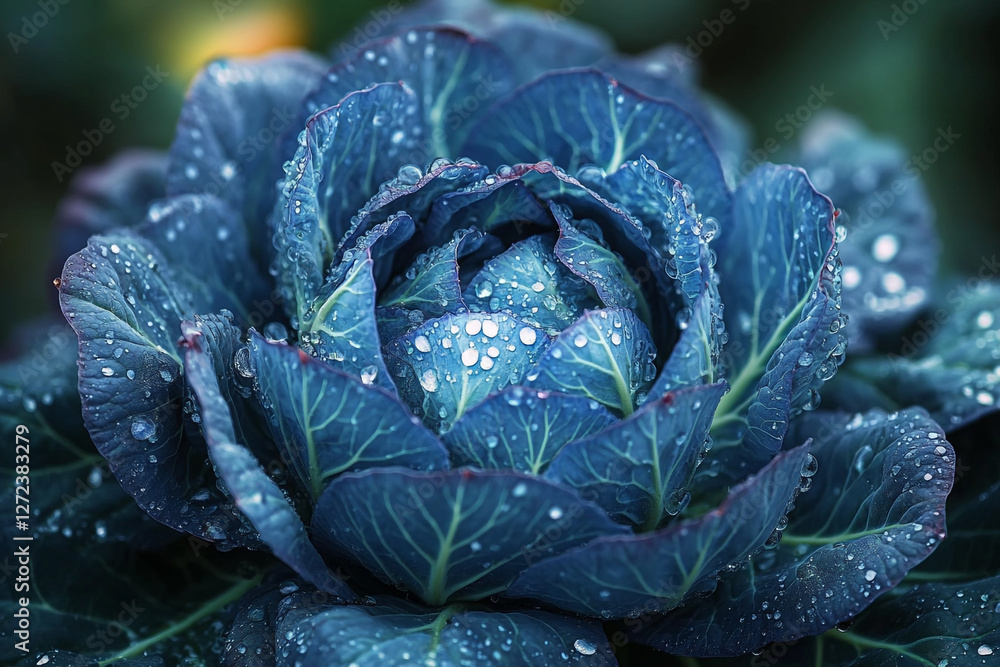 Obraz premium Diamond-Kissed Cabbage, A Study in Blue and Botanical Beauty