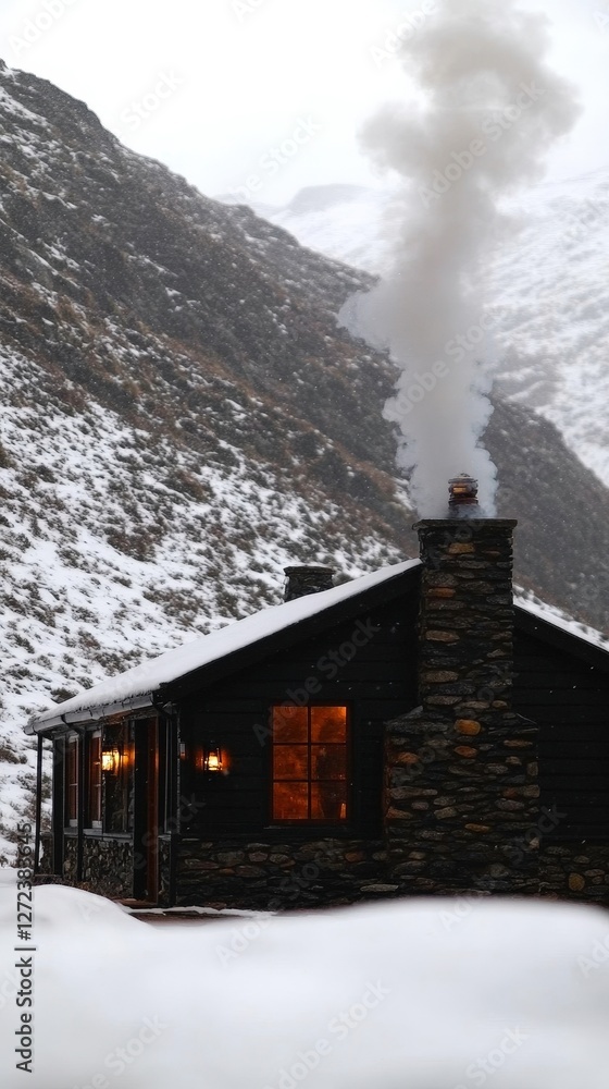 Cozy cabin warmth in snowy mountains with smoke rising for winter holidays and vacations Cozy cabin warmth in snowy mountains with smoke rising for winter holidays and vacations
