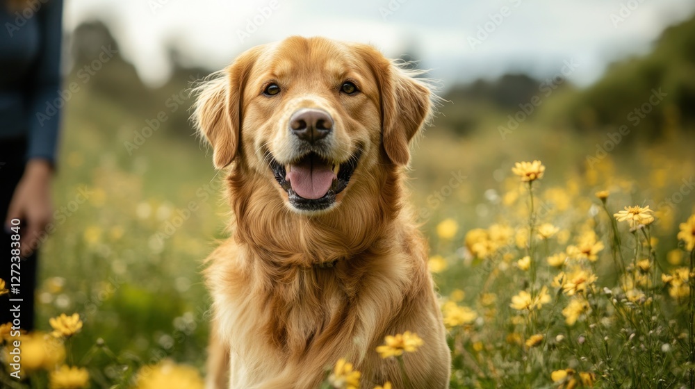 Happy golden retriever dog sitting in a field of yellow flowers. Happy golden retriever dog sitting in a field of yellow flowers.