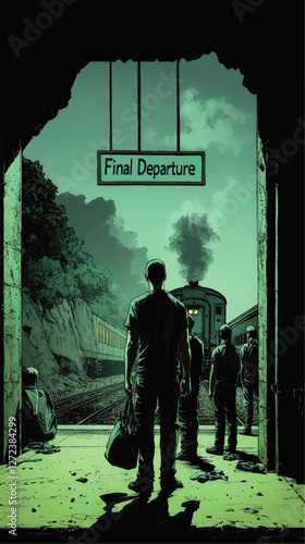 Mysterious Train Station Departure Vector Art Depicting People Waiting with Luggage Under "Final Departure" Sign in Nighttime Green Toned Landscape