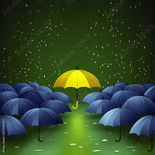 Unique Yellow Umbrella Standing Out Among Blue Umbrellas in Rainy Weather Vector Image with Green Background Showcasing Uniqueness and Creativity Concept