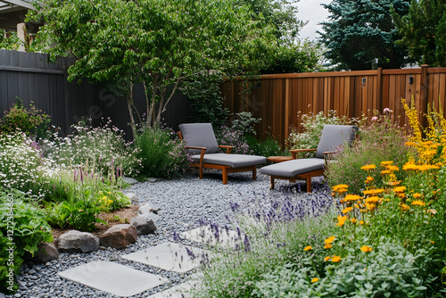 Xeriscape garden landscape featuring drought-resistant plants and sustainable design
