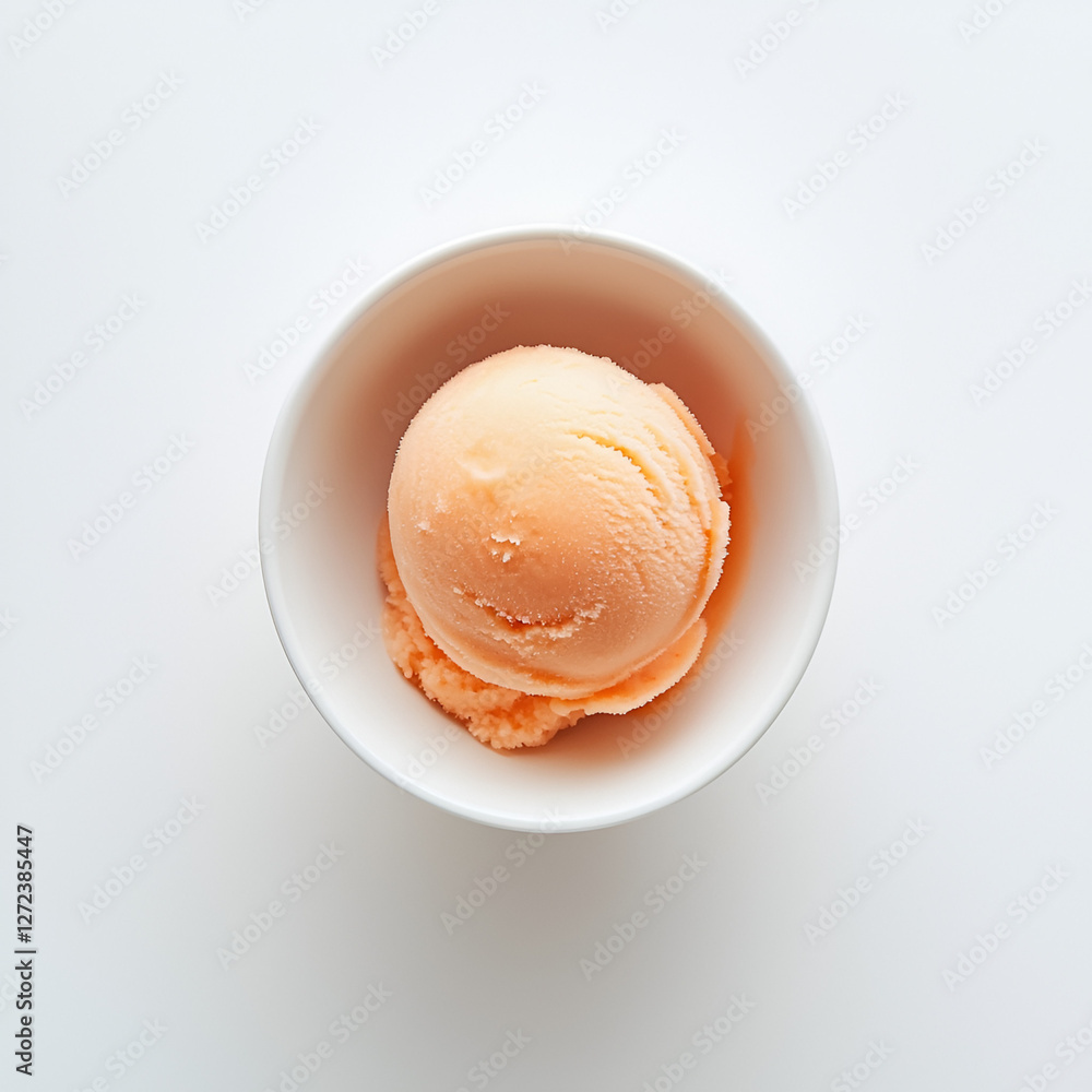 A scoop of peach-colored frozen dessert sits in a small white bowl on a plain white surface from above. A scoop of peach-colored frozen dessert sits in a small white bowl on a plain white surface from above.