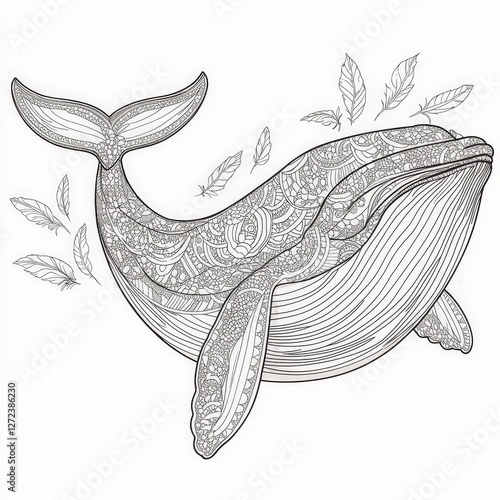 Detailed ornate whale illustration swimming. Feathers floating around. Possible use coloring book