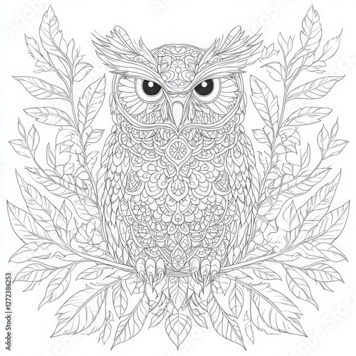 Detailed owl on branch coloring page with leaves as background for relaxation or artistic use