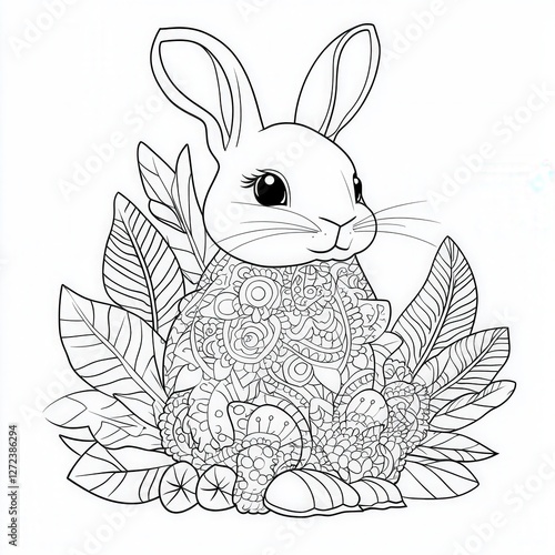 Detailed rabbit coloring page with leaves. Zen art for relaxation and art therapy