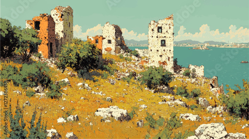 Discover Ancient Ruins by Tranquil Blue Sea with Lush Greenery and Rocky Landscape - Serene Vector Art Illustration of Historical Architecture and Nature