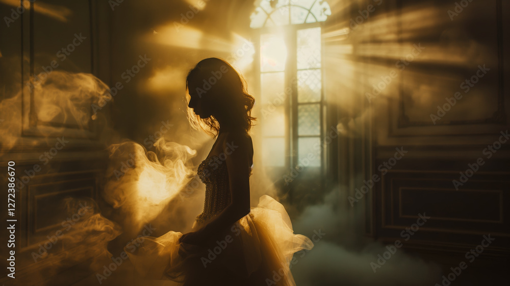 A graceful dancer moves through a softly lit room filled with mist, exuding elegance as shafts of sunlight filter through large windows, enhancing the enchanting ambiance.