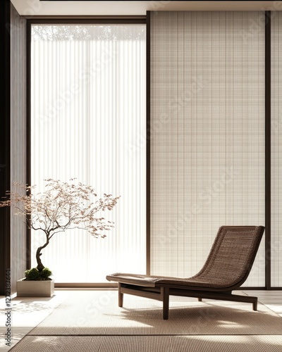 Minimalist Room Interior with Chaise Lounge and Flowering Tree