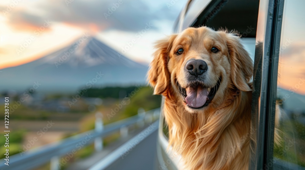A happy golden retriever dog travel on road trip at window car on the way to Fuji mountain, Japan.