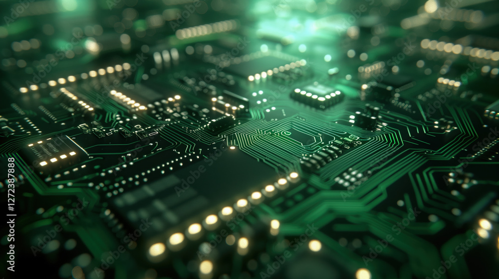 Exploring intricate details of a green printed circuit board with illuminated components and connections in a close-up view. Exploring intricate details of a green printed circuit board with illuminated components and connections in a close-up view.