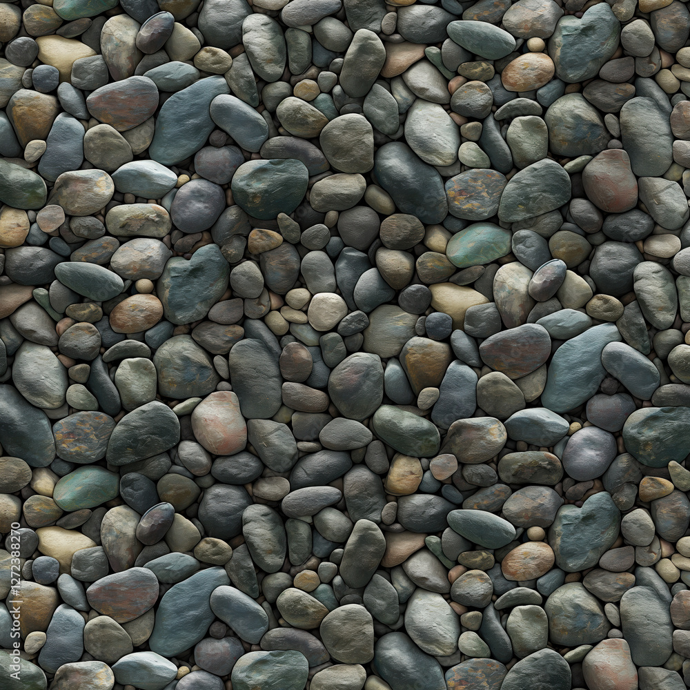 Detailed view of a diverse collection of smooth river stones arranged harmoniously on a flat surface in natural earth tones. Detailed view of a diverse collection of smooth river stones arranged harmoniously on a flat surface in natural earth tones.