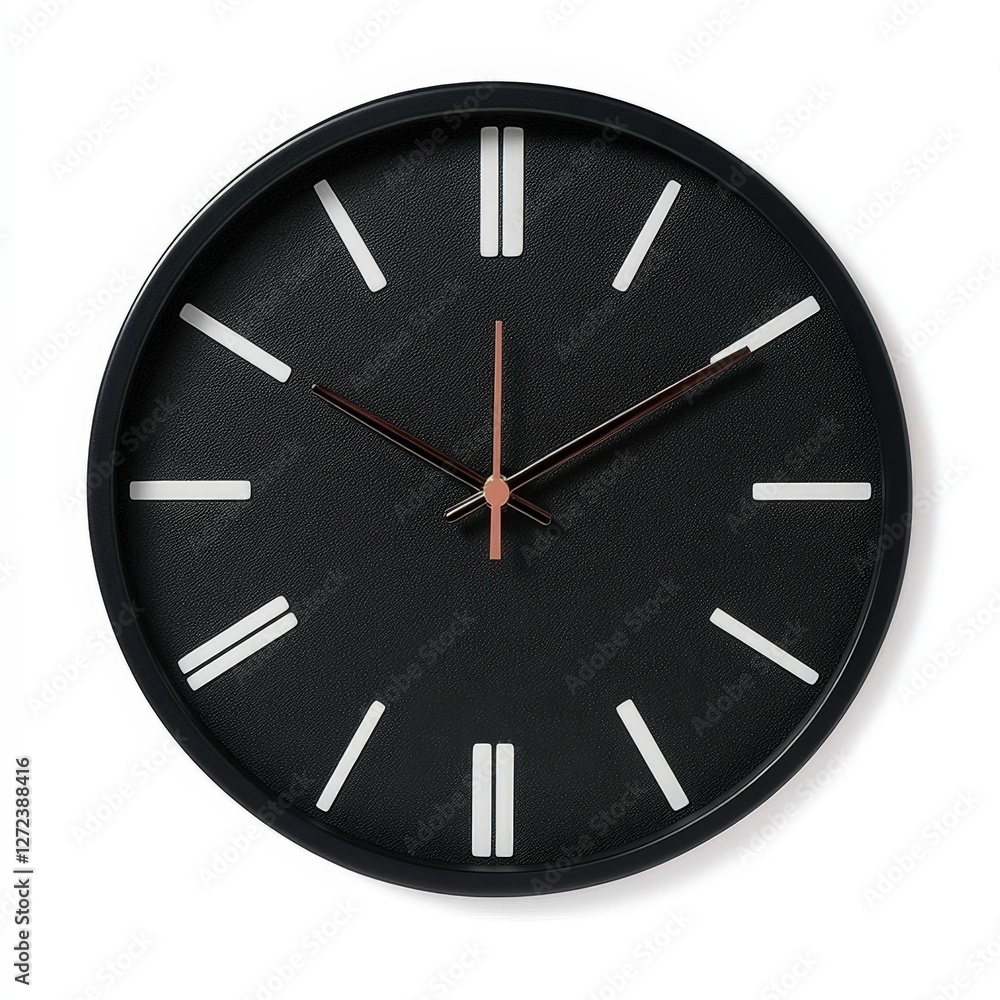 Elegant black wall clock with copper hands on a white wall indicating the time of day at the office Elegant black wall clock with copper hands on a white wall indicating the time of day at the office