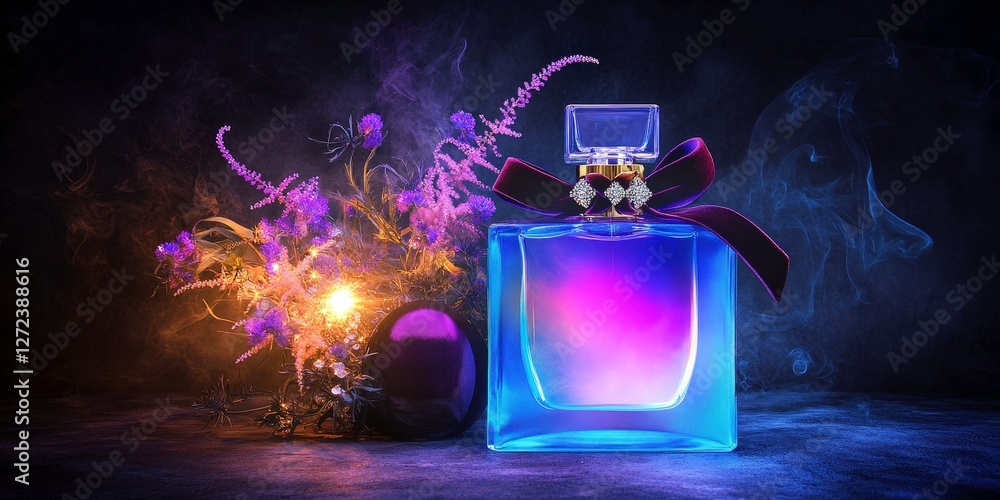 Elegant fragrance bottle with flowers and smoke on dark background for beauty use Elegant fragrance bottle with flowers and smoke on dark background for beauty use