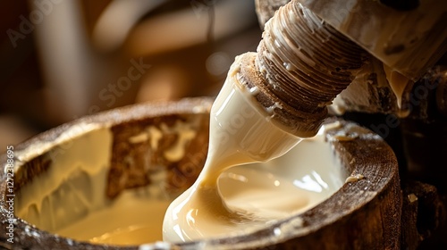 Tapping process in progress, close-up of a rubber tapper making an angled cut, latex beginning to flow into a cup below photo