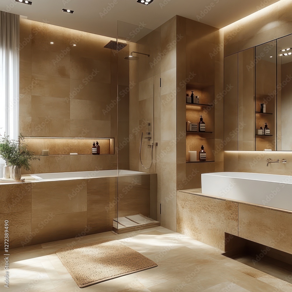 Fototapeta premium Minimalistic Modern Bathroom Design with Natural Wood and Ambient Lighting