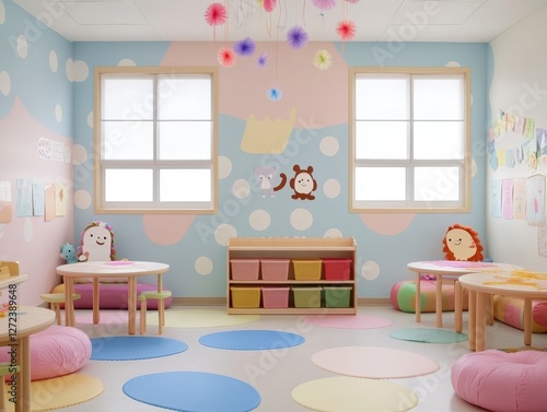 Empty kindergarten classroom with desks and chairs, light interior, education related use