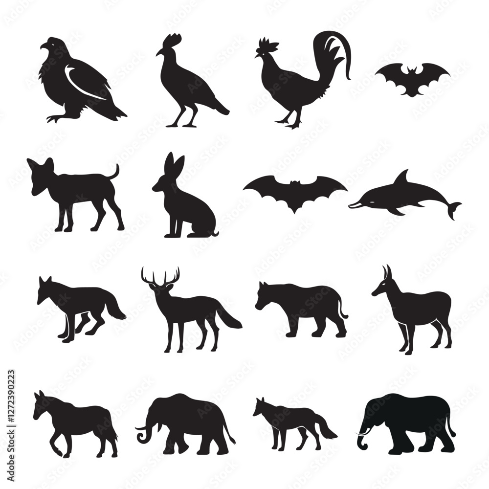 Obraz premium Animal Silhouette Vector Set , Wildlife, Farm, and Pet Silhouette vector design.