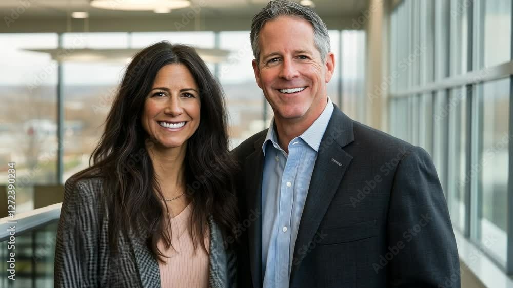 Smiling businesspeople portrait in modern office by window with city view Smiling businesspeople portrait in modern office by window with city view
