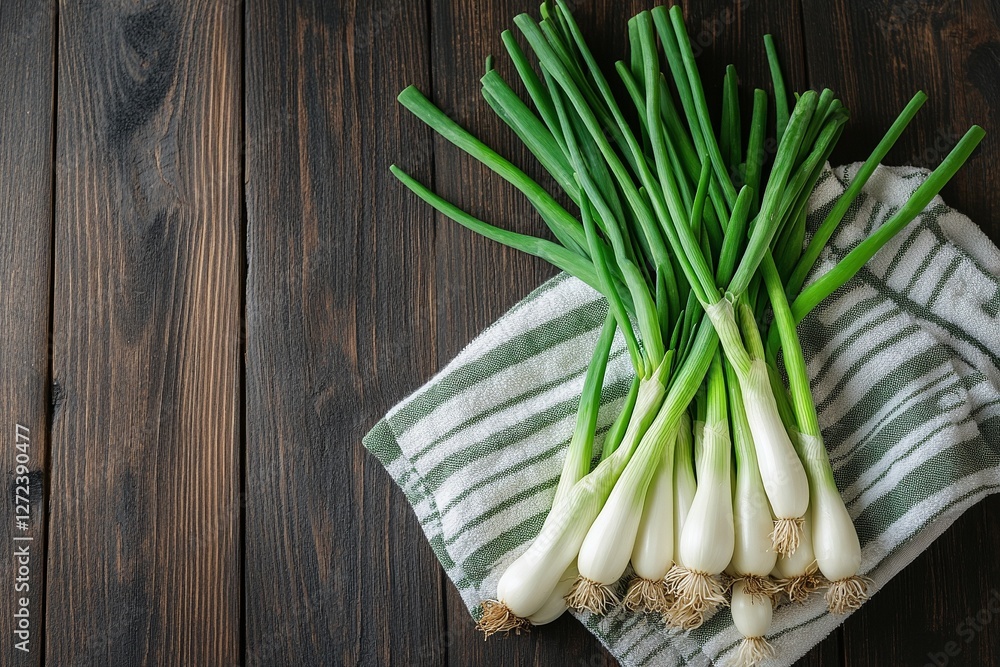 A bunch of fresh scallions on a striped kitchen towel, set against a dark wooden background. Vibrant greens and whites. A bunch of fresh scallions on a striped kitchen towel, set against a dark wooden background. Vibrant greens and whites.
