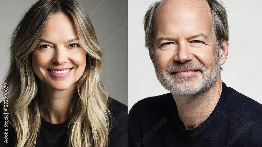 Studio portraits of smiling woman and man on plain backgrounds Studio portraits of smiling woman and man on plain backgrounds
