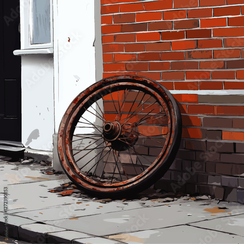 Vector Art Depicting Rusty Wagon Wheel Leaning Against Urban Brick Wall Beside Black Door and White Window on Sidewalk with Concrete Details