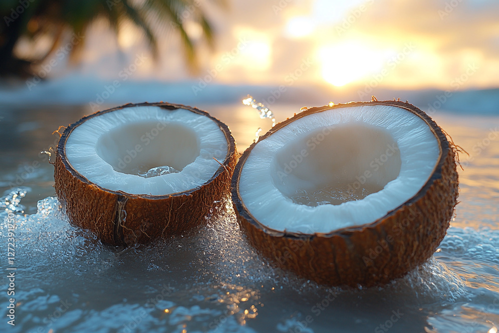 Sun-Kissed Coconuts on a Tropical Shoreline at Golden Hour Sun-Kissed Coconuts on a Tropical Shoreline at Golden Hour
