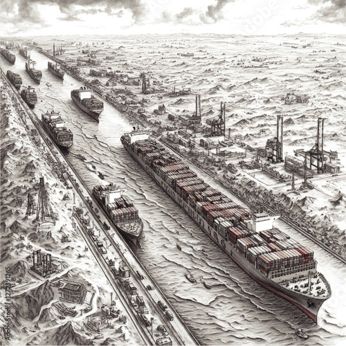 Intricate Vector Illustration of Container Ships Navigating the Suez Canal with Industrial Landscape and Maritime Transport Symbols in Detailed Monochrome Style
