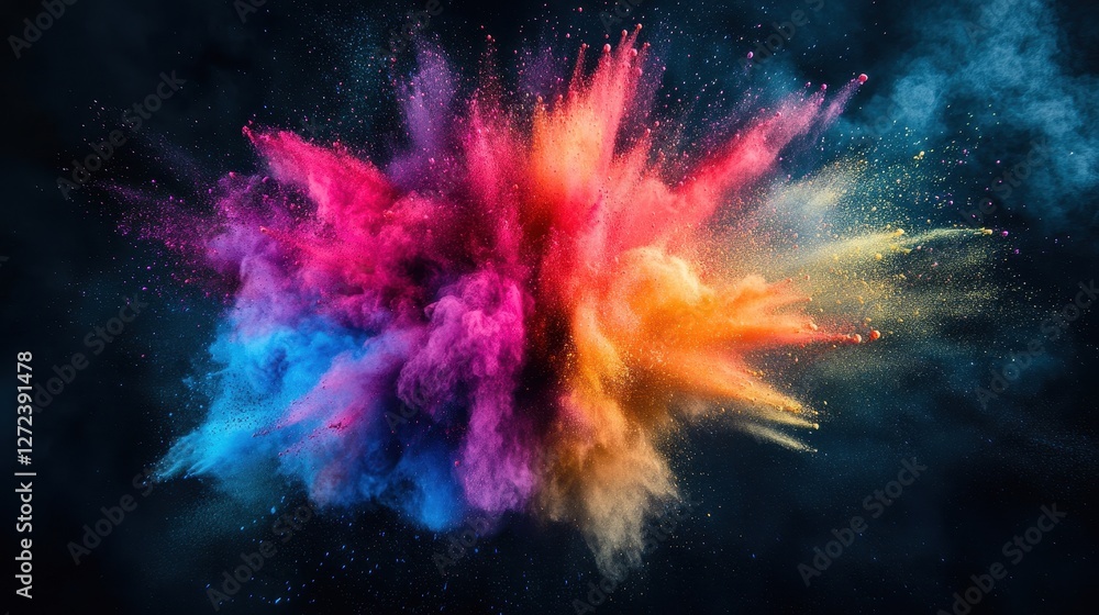 A colorful explosion of powdery dust is shown in the image A colorful explosion of powdery dust is shown in the image