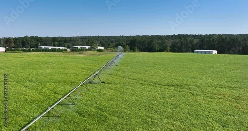 Slow motion aerial view of a pivot irrigation sprinkler system watering a field of crops on a farm with a bird flying by
