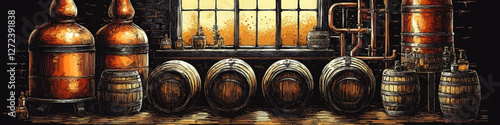 Traditional Copper Distillery Vector Image with Wooden Barrels, Rustic Window, Bottles, Copper Tanks, Industrial Pipes - Ideal for Whisky, Brewery, and Craft Brewing Themes