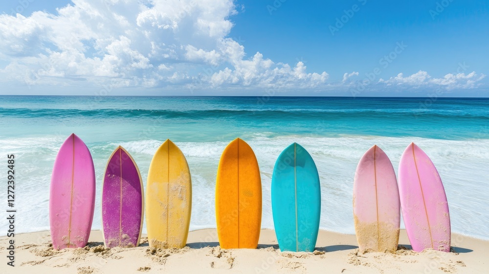 Colorful surfboards lined up along the beach with the ocean gently rolling in, perfect for a summer vacation. No people no text