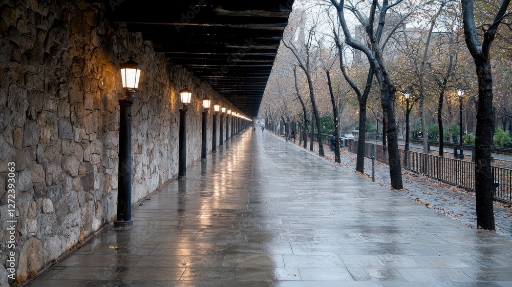 Obraz premium Rain-slicked city walkway under awning