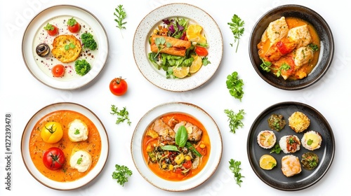 Various plates display a vibrant array of culinary creations, featuring seafood, fresh greens, savory garnishes, and colorful vegetables presented artistically